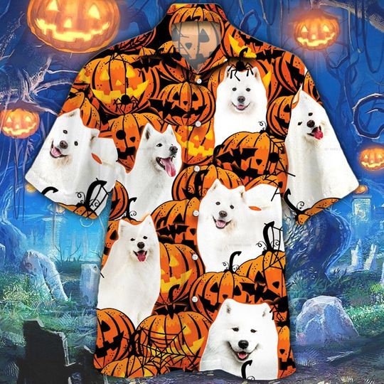 Samoyed dog halloween pumpkin hawaiian shirt