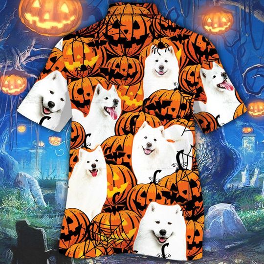 Samoyed dog halloween pumpkin hawaiian shirt1