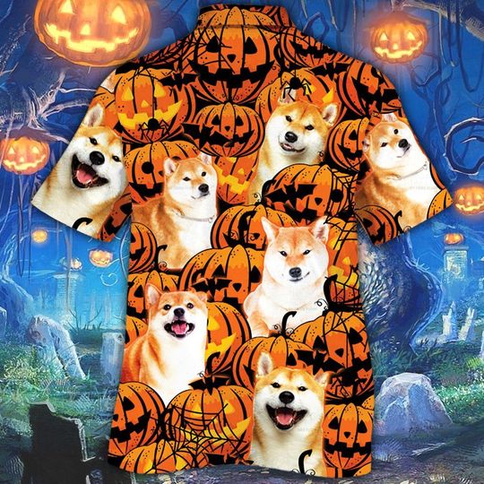 Shiba inu dog halloween pumpkin hawaiian shirt1