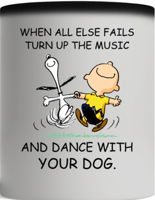 Snoopy and Charlie Brown When all else fails turn up the music and dance with your dog mug