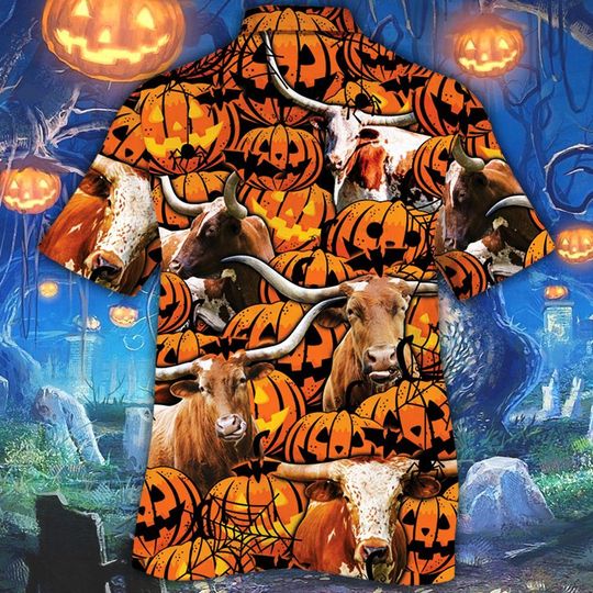 TX longhorn cattle halloween pumpkin hawaiian shirt1
