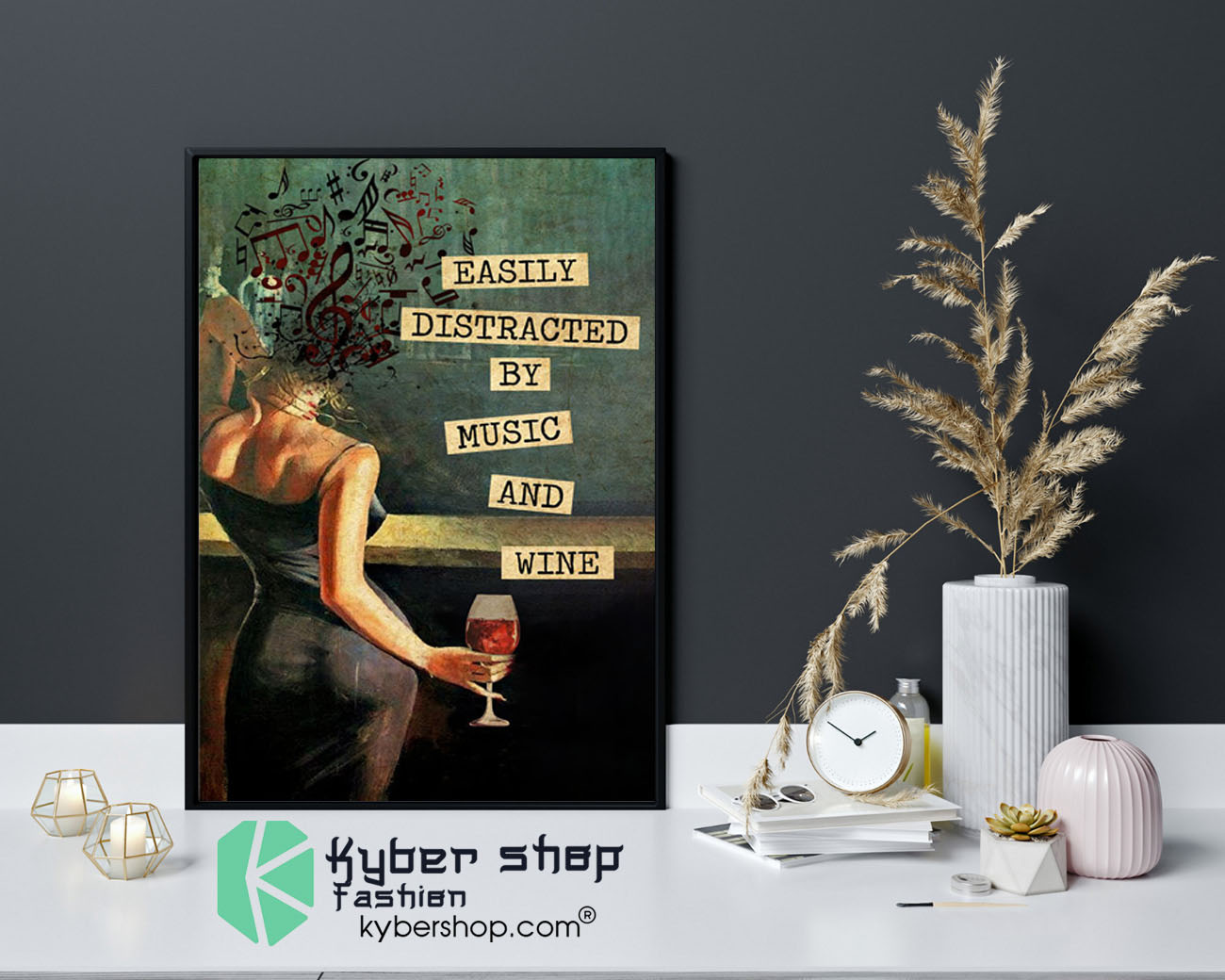 Vintage girl easily distracted by music and wine poster9