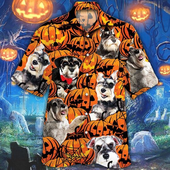 Miniature Schnauzer dog halloween pumpkin hawaiian shirt