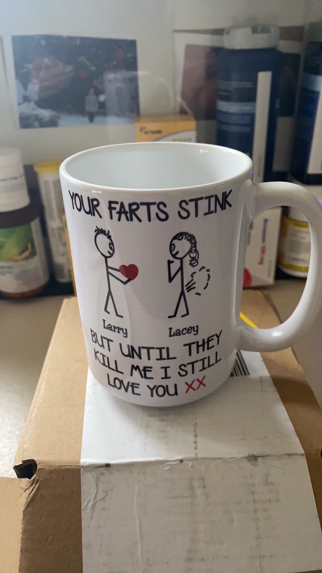 Your farts stink but until they kill me I still love you custom name mug