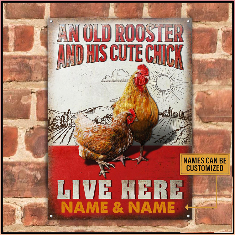 Chicken An Old Rooster And His Cute Chick Live Here Custom Name Metal Sign 5 Chicken An Old Rooster And His Cute Chick Live Here Custom Name Metal Sign3