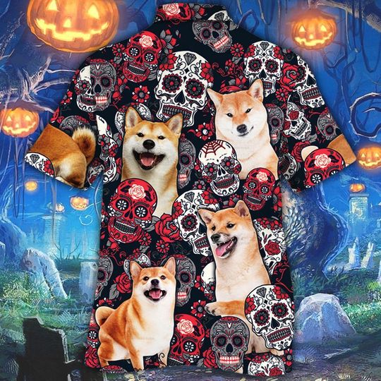 Shiba Inu dog sugar skull floral hawaiian shirt1 Shiba Inu dog sugar skull floral hawaiian shirt1