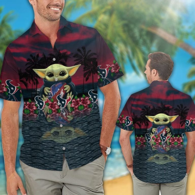 19-Houston Texans And Baby Yoda Hawaiian Shirt, Short (1) 19 Houston Texans And Baby Yoda Hawaiian Shirt Short 1