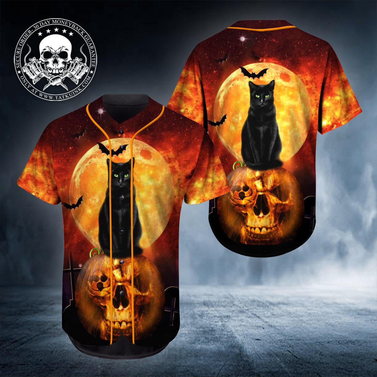 20 Happy Halloween Black Cat Head Skull Baseball Jersey 1