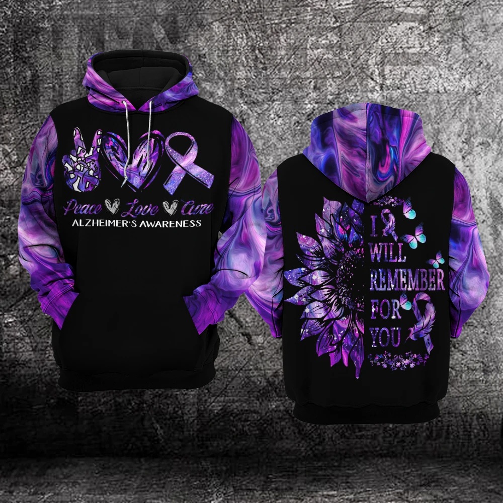Alzheime awareness sunflower peace love cure 3d shirt, hoodie 2 Alzheime awareness sunflower peace love cure 3d shirt hoodie 1