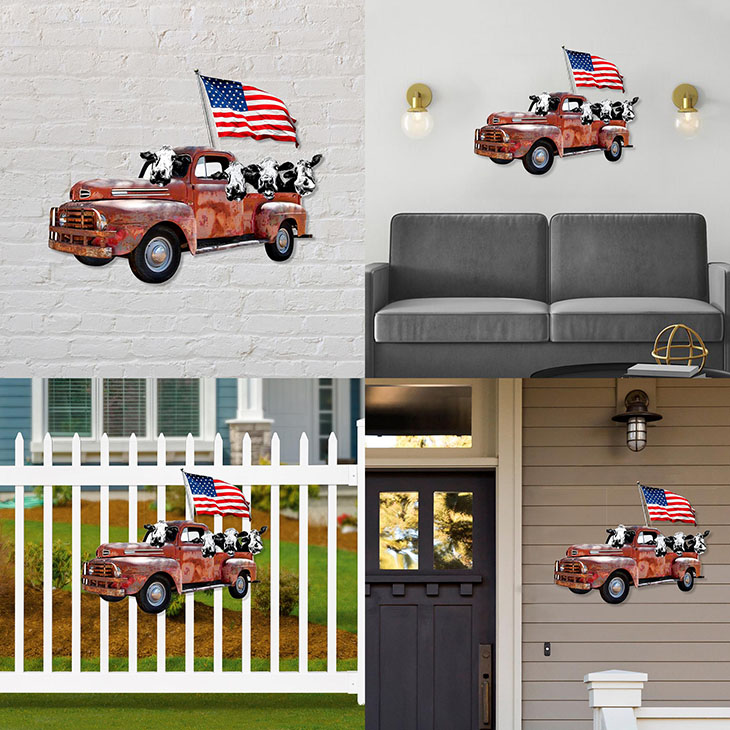 American Flag Cow Pickup Truck Shaped Metal Sign
