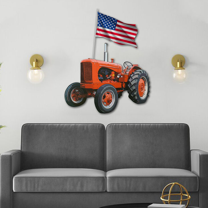 American Flag Orange Tractor Shaped Metal Sign 3 American Flag Orange Tractor Shaped Metal Sign1