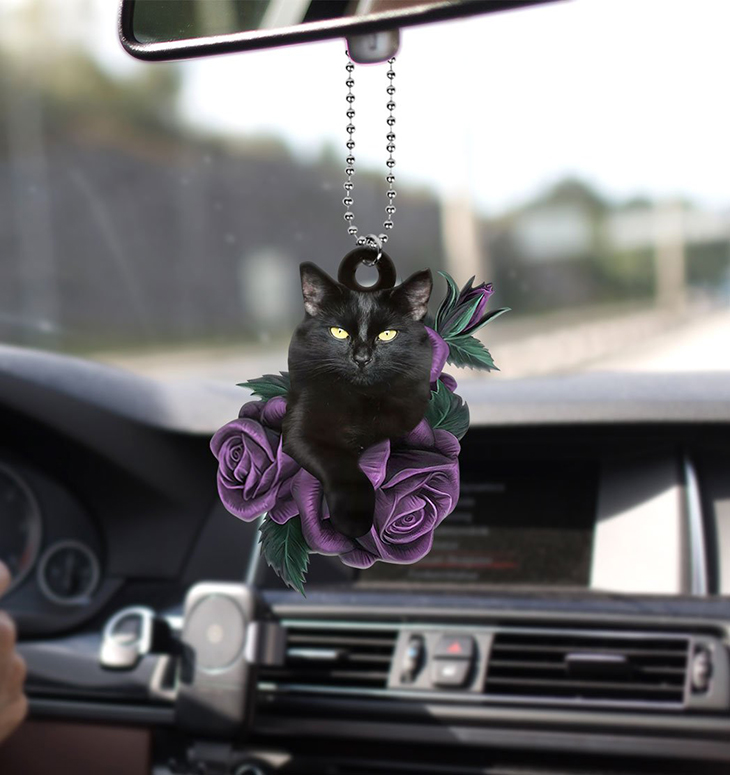 Black Cat Purple Rose Car Hanging Ornament