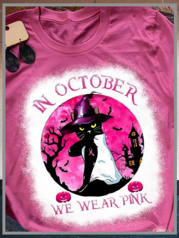 Black cat Witch in October we were pink Breast Cancer Halloween Bleach T shirt 8 Black cat Witch in October we were pink Breast Cancer Halloween Bleach T shirt 1