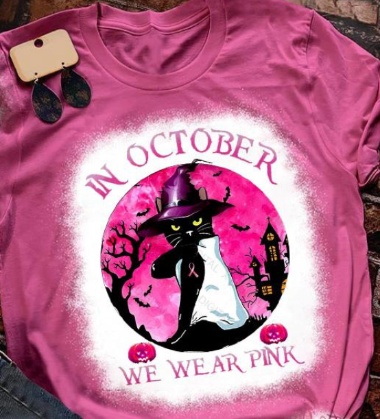 Black cat Witch in October we were pink Breast Cancer Halloween Bleach T shirt 4 Black cat Witch in October we were pink Breast Cancer Halloween Bleach T shirt
