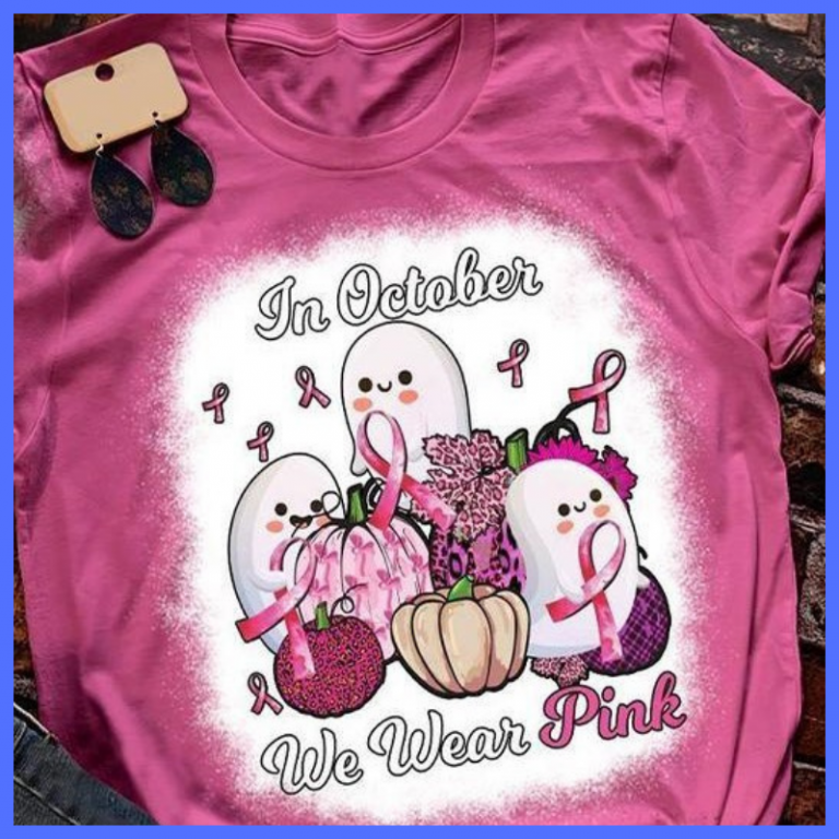 Breast Cancer awareness pumpkin ghost in October we were pink bleach T shirt 2
