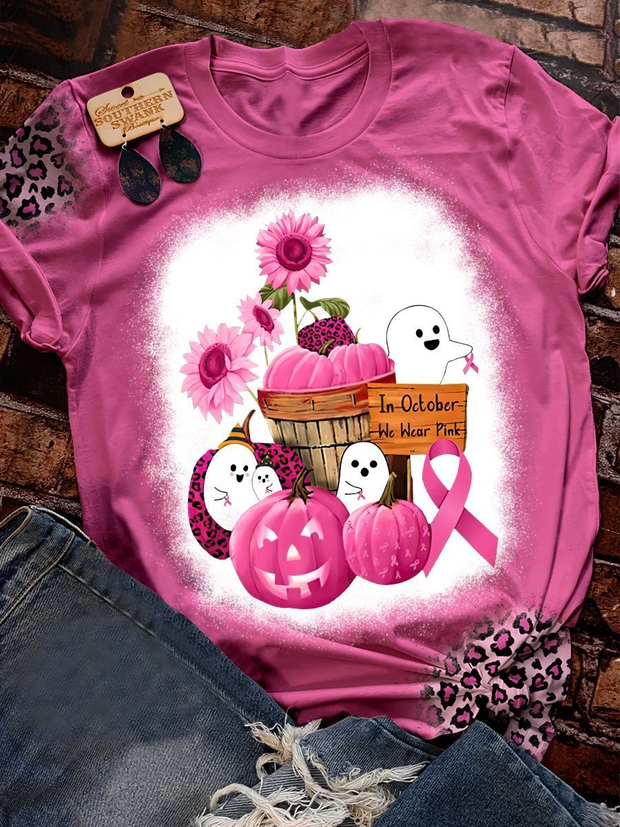 Breast cancer awareness pumkin ghost in october we wear pink bleach tie dye shirt 2