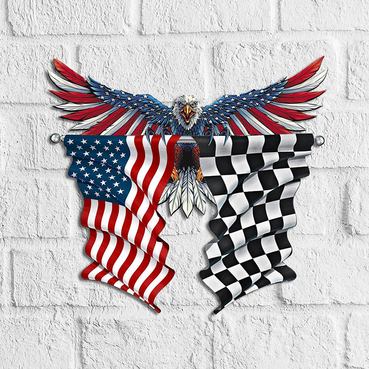 Eagle Racing And American Flag Metal Sign
