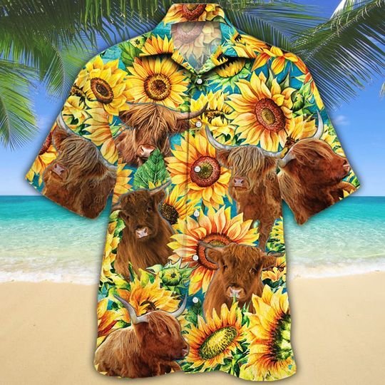 Highland cattle watercolor sunflowers hawaiian shirt 1