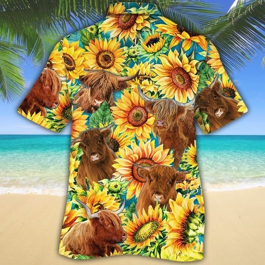 Highland cattle watercolor sunflowers hawaiian shirt 3 Highland cattle watercolor sunflowers hawaiian shirt 2