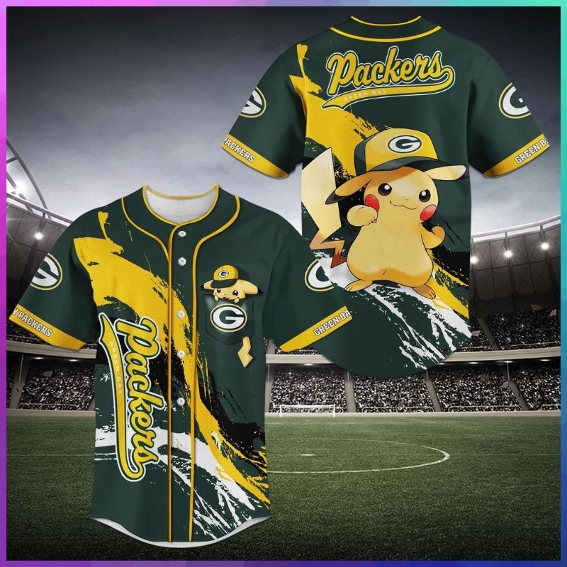 NFL Green Bay Packers Pikachu baseball jersey 2 NFL Green Bay Packers Pikachu baseball jersey 1