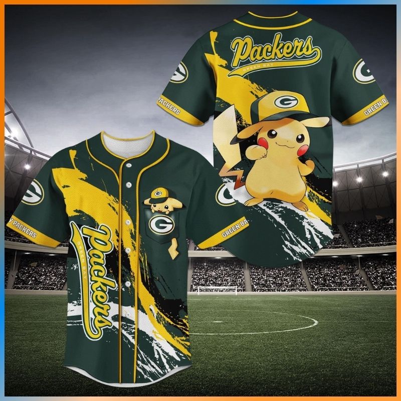 NFL Green Bay Packers Pikachu baseball jersey 3 NFL Green Bay Packers Pikachu baseball jersey 2