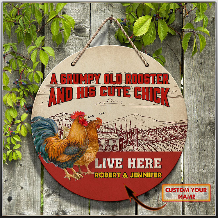 Rooster Chicken A Grumpy Old And His Cute Chick Custom Name Round Wooden Sign