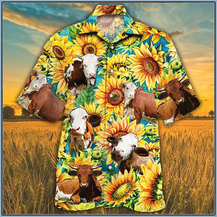 Simmental Cattle Sunflower Watercolor Hawaiian Shirt 5 Simmental Cattle Lovers Sunflower Watercolor Hawaiian Shirt3