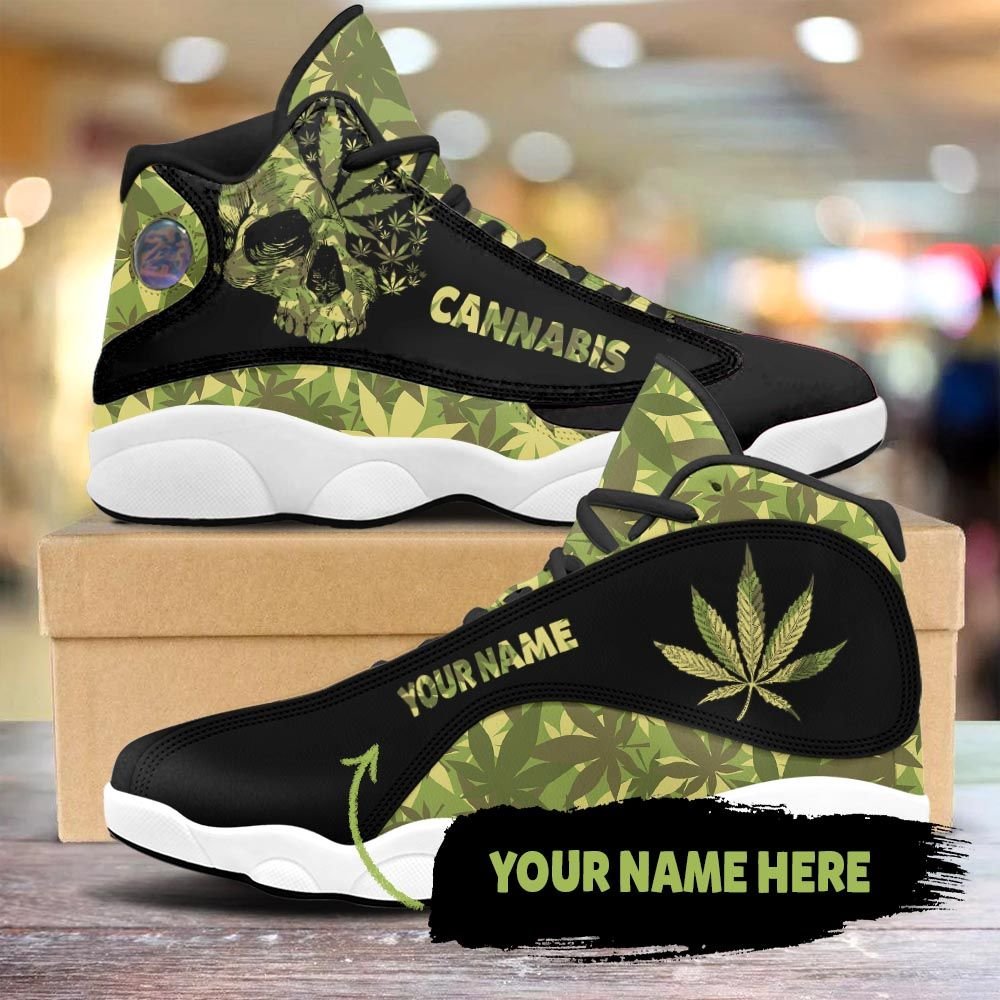 Skull Camo Cannabis Custom Name Air Jordan 13 Sneakers