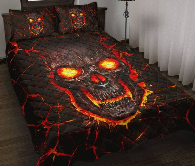 Skull on fire 3d illusion quilt bedding set