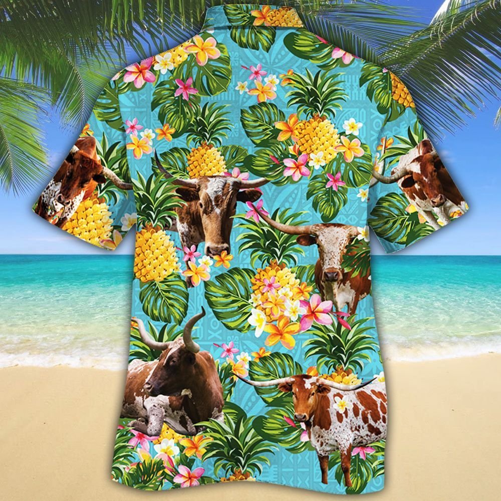 Texas longhorn cattle pineapple Hawaiian shirt 2 Texas longhorn cattle pineapple Hawaiian shirt 1