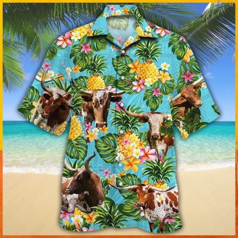 Texas longhorn cattle pineapple Hawaiian shirt 2 Texas longhorn cattle pineapple Hawaiian shirt 2