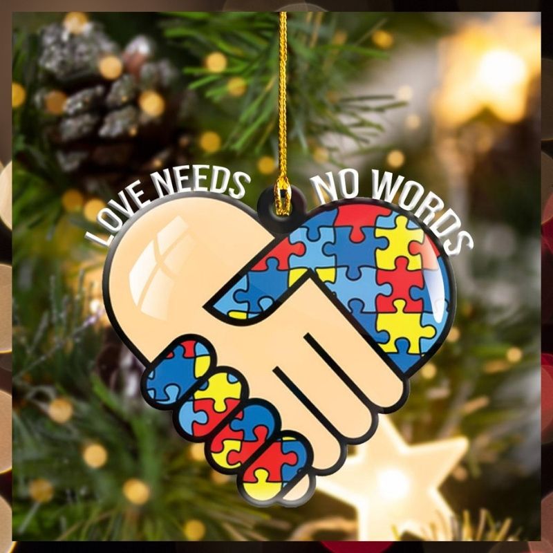 Autism puzzle piece heart hand shake Love needs No words hanging ornament 2 Autism puzzle piece heart hand shake Love needs No words hanging ornament 1