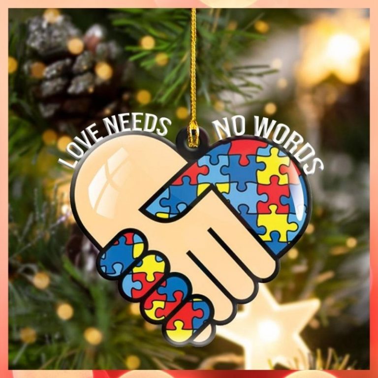 Autism puzzle piece heart hand shake Love needs No words hanging ornament 2 Autism puzzle piece heart hand shake Love needs No words hanging ornament 2