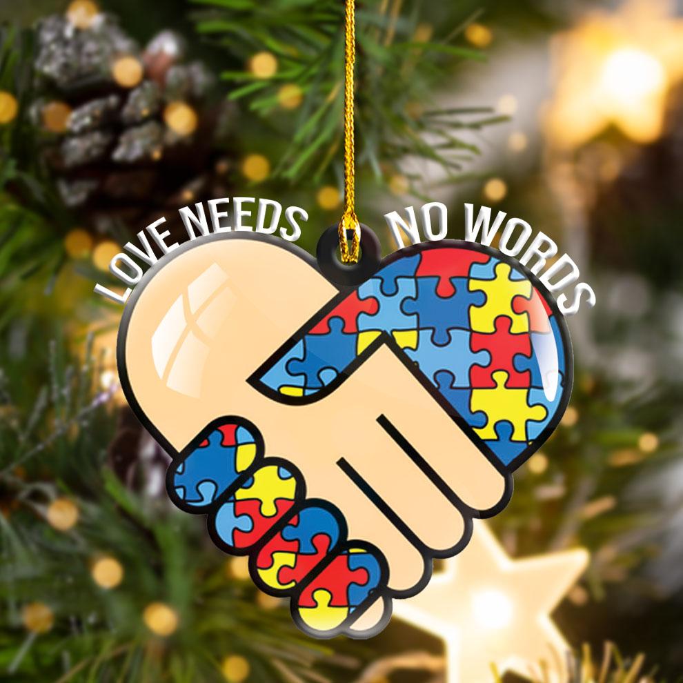 Autism puzzle piece heart hand shake Love needs No words hanging ornament