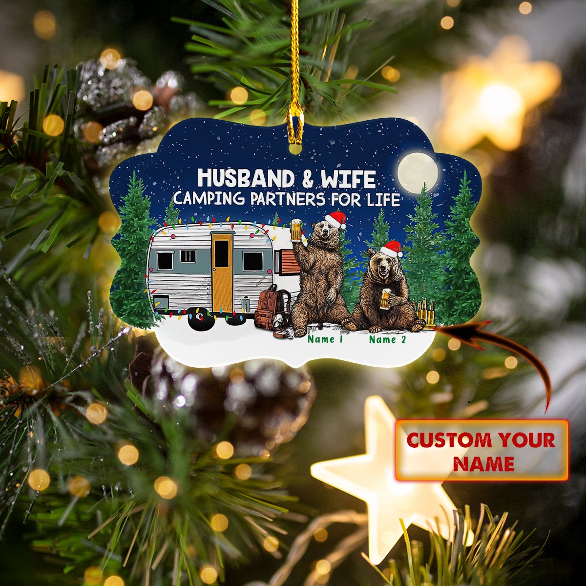 Bear Husband and wife Camping partners for life Christmas night custom name ornament