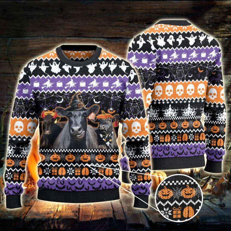 Black Angus Cattle Halloween skull pumpkin sweater, sweatshirt 1 Black Angus Cattle Halloween skull pumpkin sweater sweatshirt 1