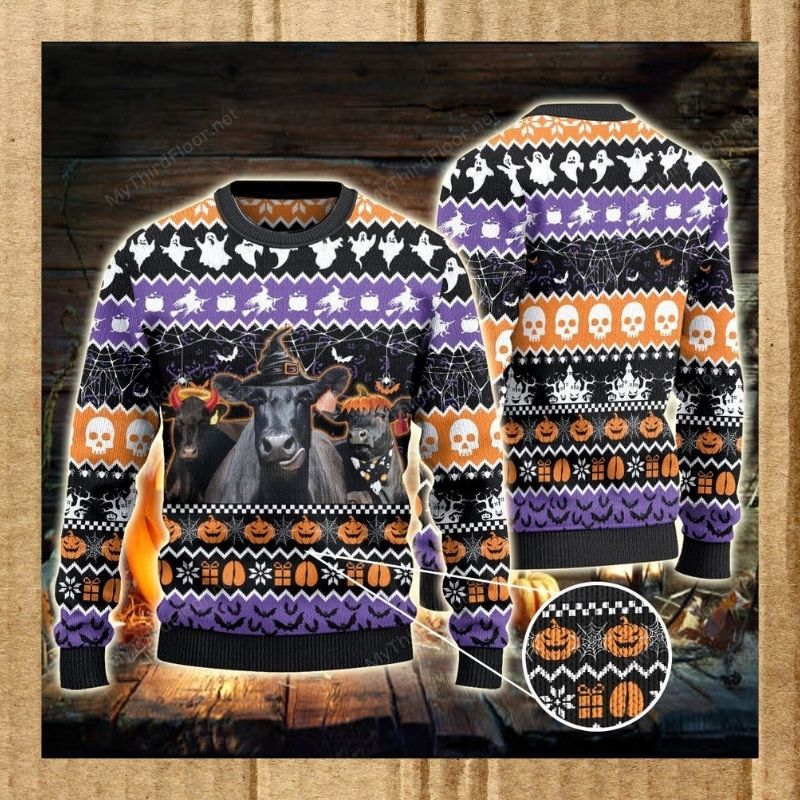 Black Angus Cattle Halloween skull pumpkin sweater, sweatshirt 3 Black Angus Cattle Halloween skull pumpkin sweater sweatshirt 2