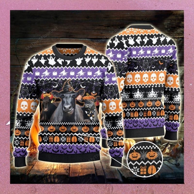 Black Angus Cattle Halloween skull pumpkin sweater, sweatshirt 2 Black Angus Cattle Halloween skull pumpkin sweater sweatshirt 3