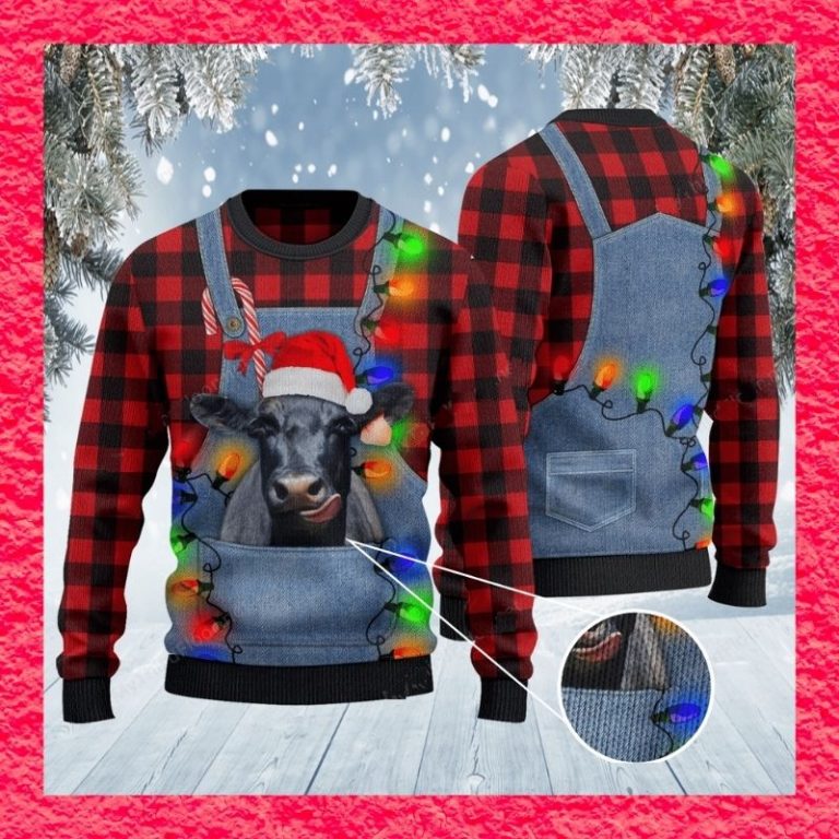 Black Angus Cattle Red Plaid Denim Bib sweater sweatshirt 2