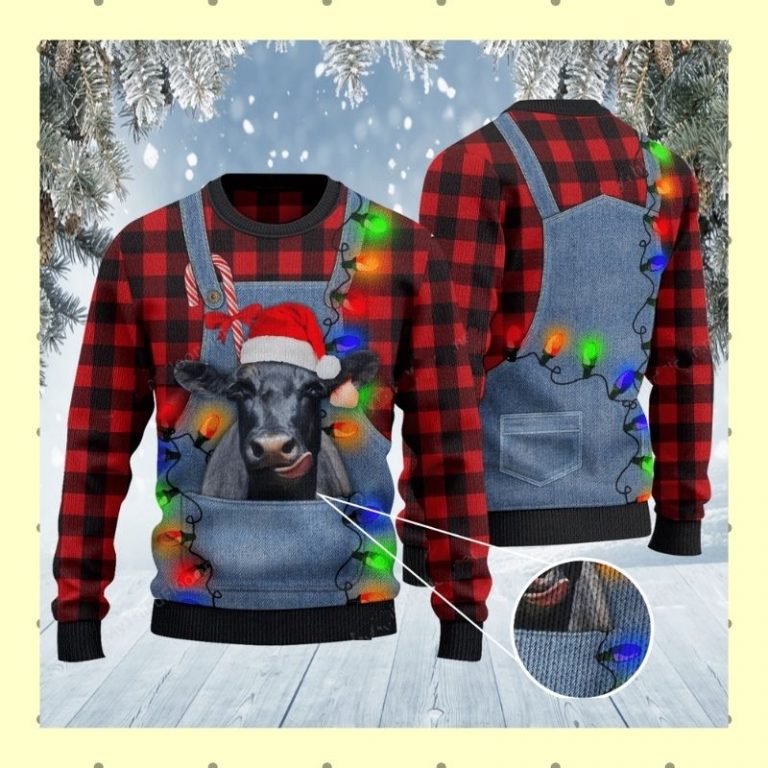 Black Angus Cattle Red Plaid Denim Bib sweater sweatshirt 3