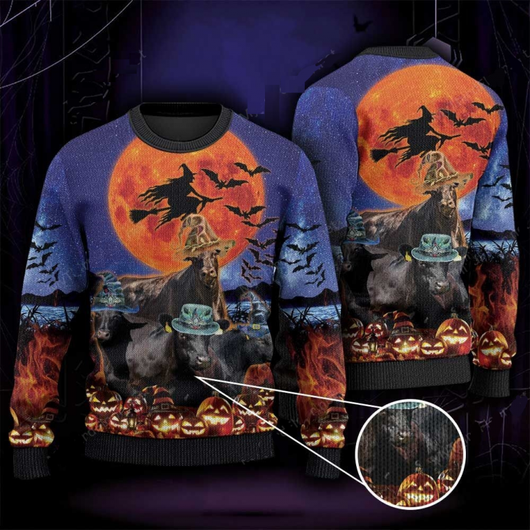 Black Angus Cattle Witch pumpkin Halloween Moon sweater, sweatshirt 1 Black Angus Cattle Witch pumpkin Halloween Moon sweater sweatshirt 1