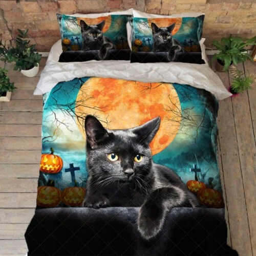 Black Cat Halloween moon Quilt Bedding Set 1