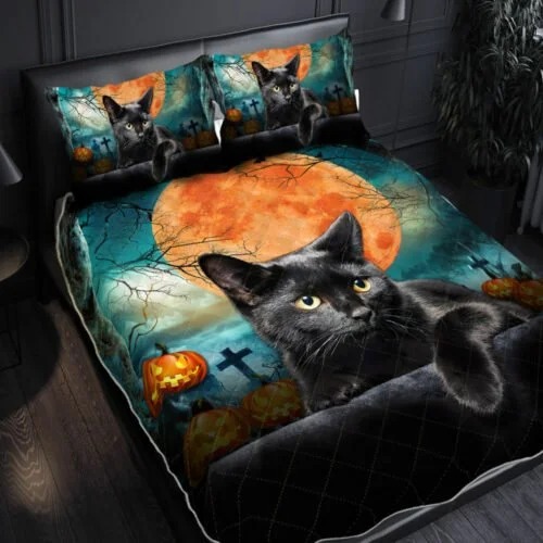 Black Cat Halloween moon Quilt Bedding Set 3 Black Cat Halloween moon Quilt Bedding Set 2