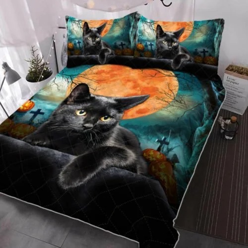 Black Cat Halloween moon Quilt Bedding Set 2 Black Cat Halloween moon Quilt Bedding Set 3