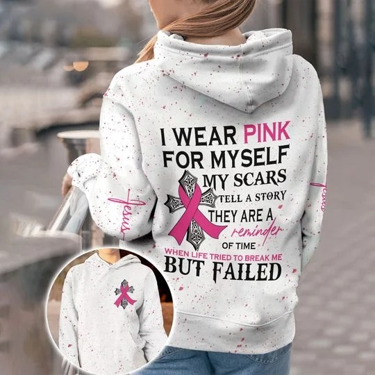Breast cancer awareness Jesus cross I wear pink for my self 3d shirt, hoodie 2 Breast cancer awareness Jesus cross I wear pink for my self 3d shirt hoodie 1
