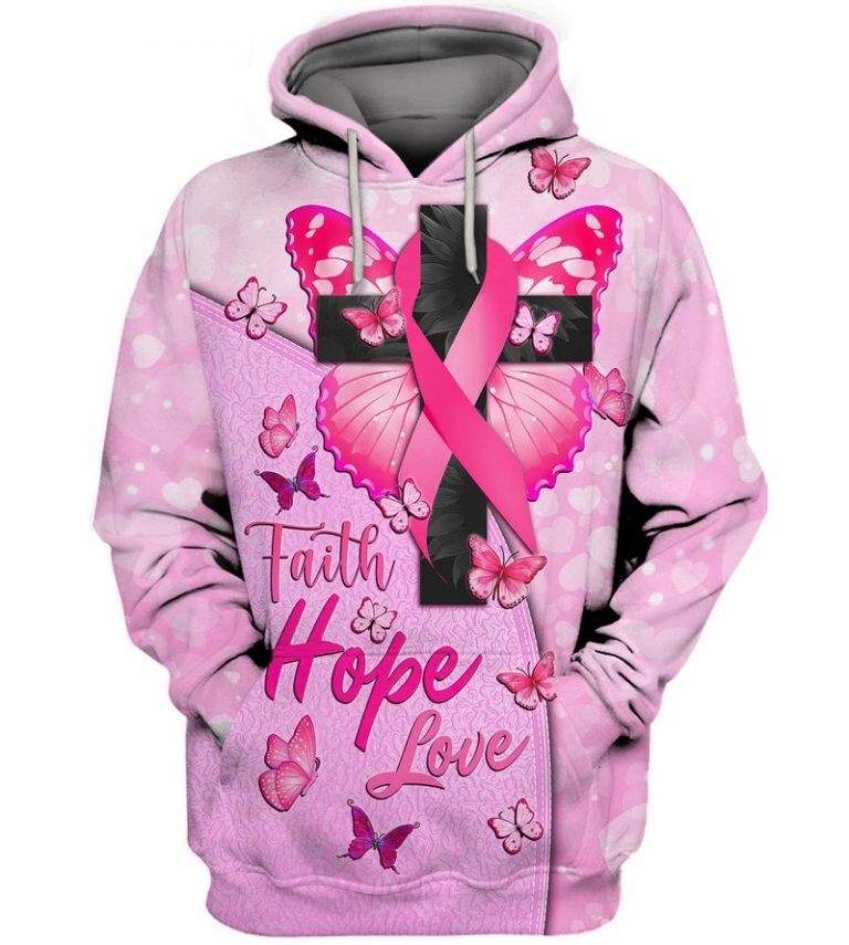 Butterfly cross Breast Cancer Warrior Faith Hope Love 3d shirt hoodie 1
