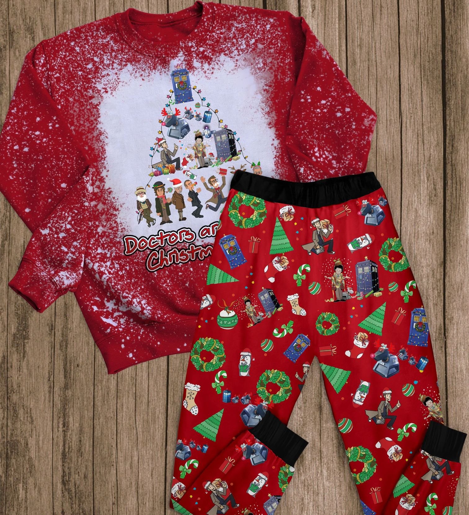 THE QUALITY IS GUARANTEED THE DELIVERY TO YOUR DOOR 3 Doctors around the christmas tree Doctor Who pajamas set 1