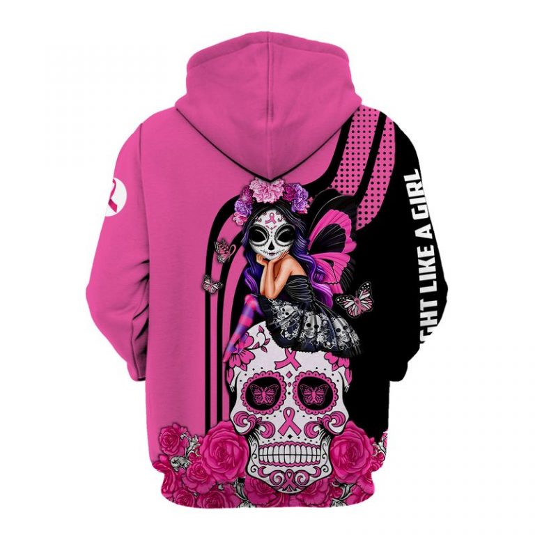 Fight like a girl Breast cancer awareness sugar skull fairy 3d hoodie (1) Fight like a girl Breast cancer awareness sugar skull fairy 3d hoodie 1
