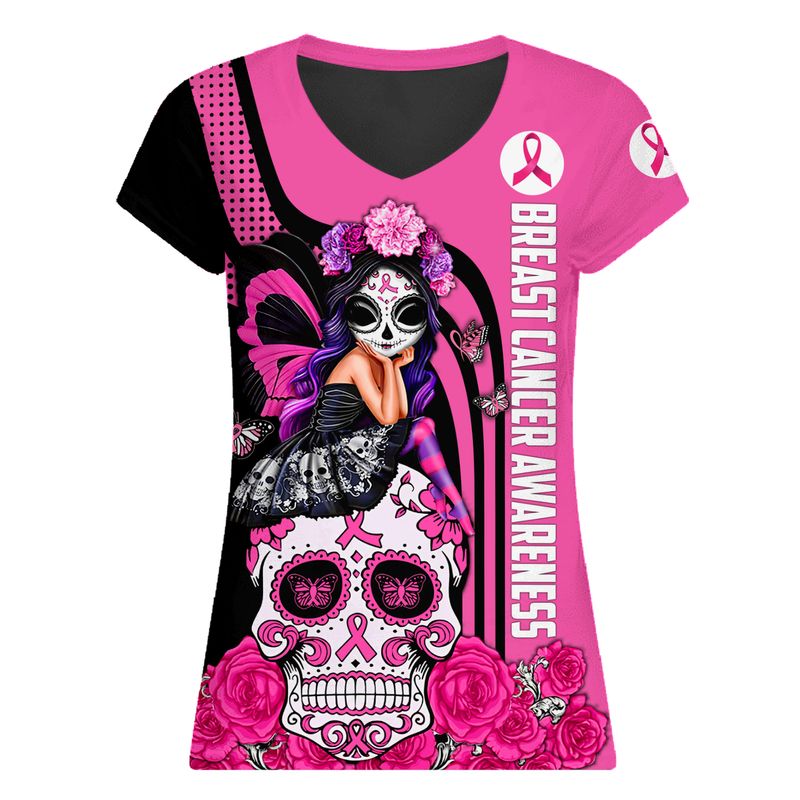 Fight like a girl Breast cancer awareness sugar skull fairy v neck t shirt