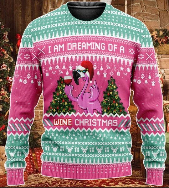 Flamingo Im Dreaming Of A Wine Christmas Knitted sweater sweatshirt 1